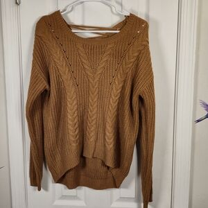 No Boundaries Mustard Brown Cable Knit Lace Up Back Chunky Sweater Medium